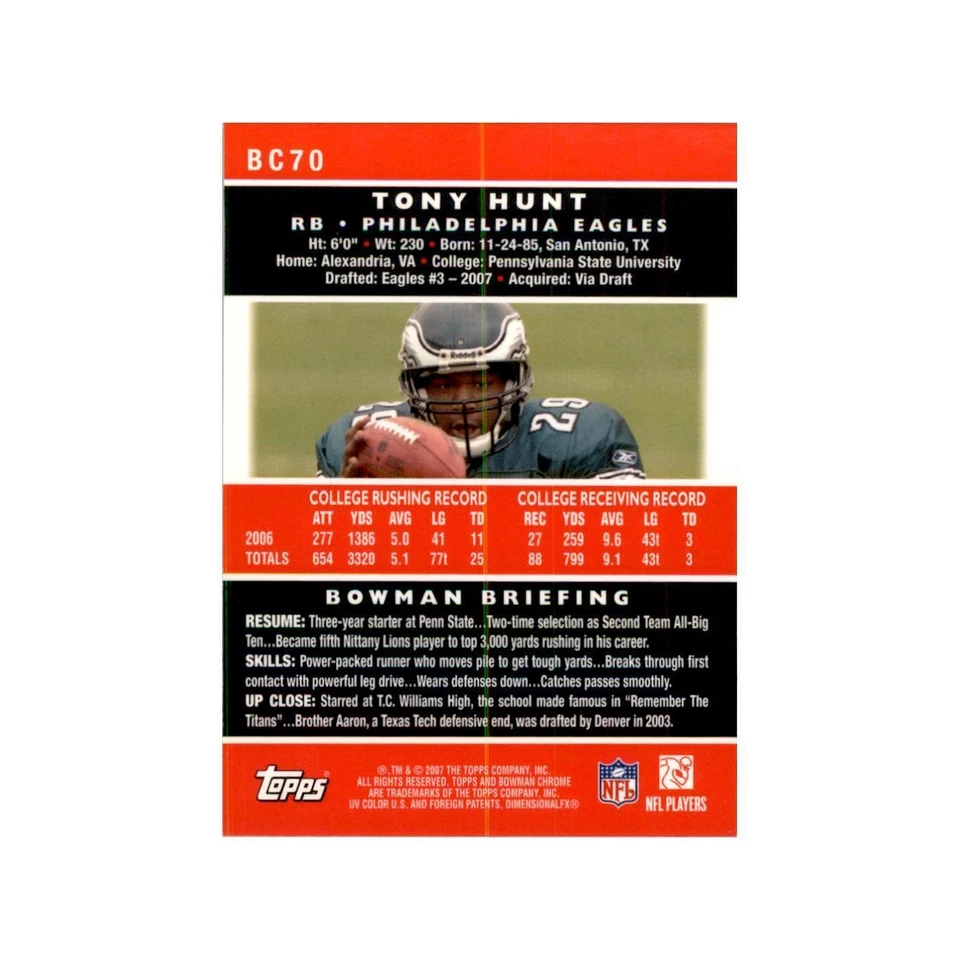 2007 Bowman Chrome Tony Hunt RC Football Cards #70 - Image 2 of 3