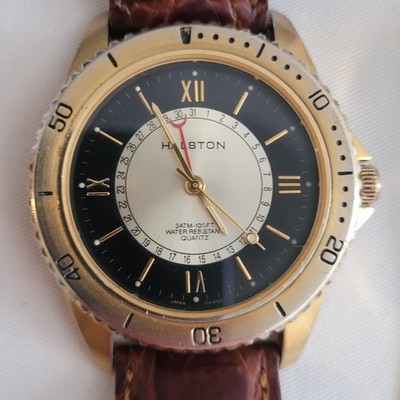 Halston 241-VX37A Quartz Watch Gold Tone Black Dial Pointer Date Leather 38mm