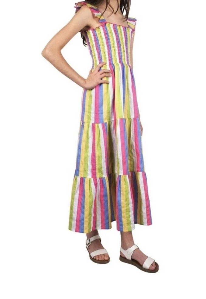 Zunie Girls Sundress Striped Smocked Dress Size Large 10/12 Pink Blue Yellow