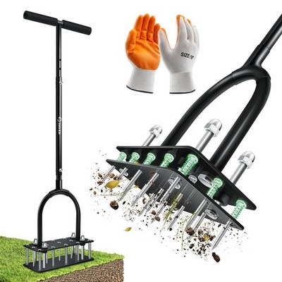Saker Manual Lawn Aerator Tool with 15 Iron Spikes Adjustable Height, Black