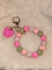 PINK WHITE SILICONE BEADED KEYCHAIN BRACELET BAG CLIP WITH "TEACH" CHARM F 