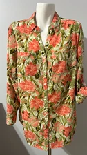 Talbot's Women 1X Top Shirt Blouse Coral Flowers Green Leaves Button Down
