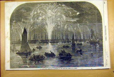 Original alter antiker Druck 1856 Marine Review Beleuchtung Flotte Schiffe viktorianisch