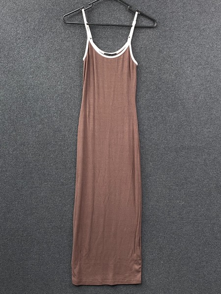 Ava & Ever Womens Midi Dress Brown Ribbed Knit Stretch Adjustable Strap Size 6