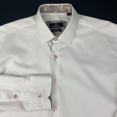 EMMANUEL Shirt Men's 16.5 White with Pink Dots Slim Fit Contrasting Trim