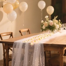 10FT White Pearl Table Runner with Lights Tulle Fabric Cloth Wedding Arch Veil