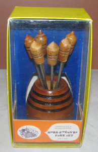 HORS-D OEUVRE FORKS VINTAGE 6 Japan Brown Wood Cherrywood Stainless Steel in Box