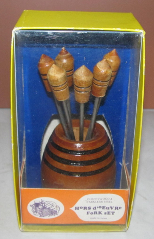 HORS-D OEUVRE FORKS VINTAGE 6 Japan Brown Wood Cherrywood Stainless Steel in Box