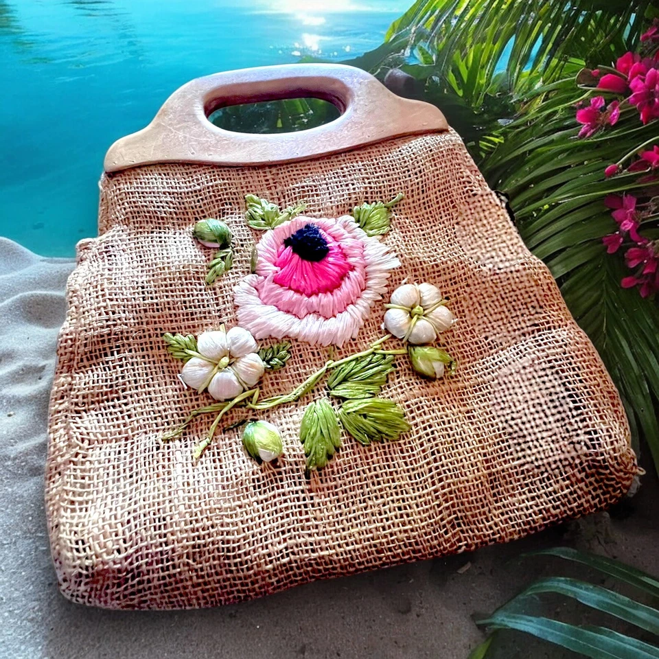 Floral Straw Bag Embroidered Rafia Wooden Handles Philippines Tropical Purse - Image 3 of 4