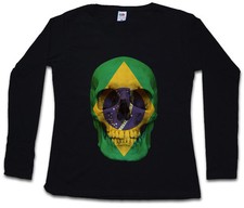 MAGLIETTA CLASSICA BRASILIA SKULL FLAG DONNA MANICA LUNGA bandiera Brasile