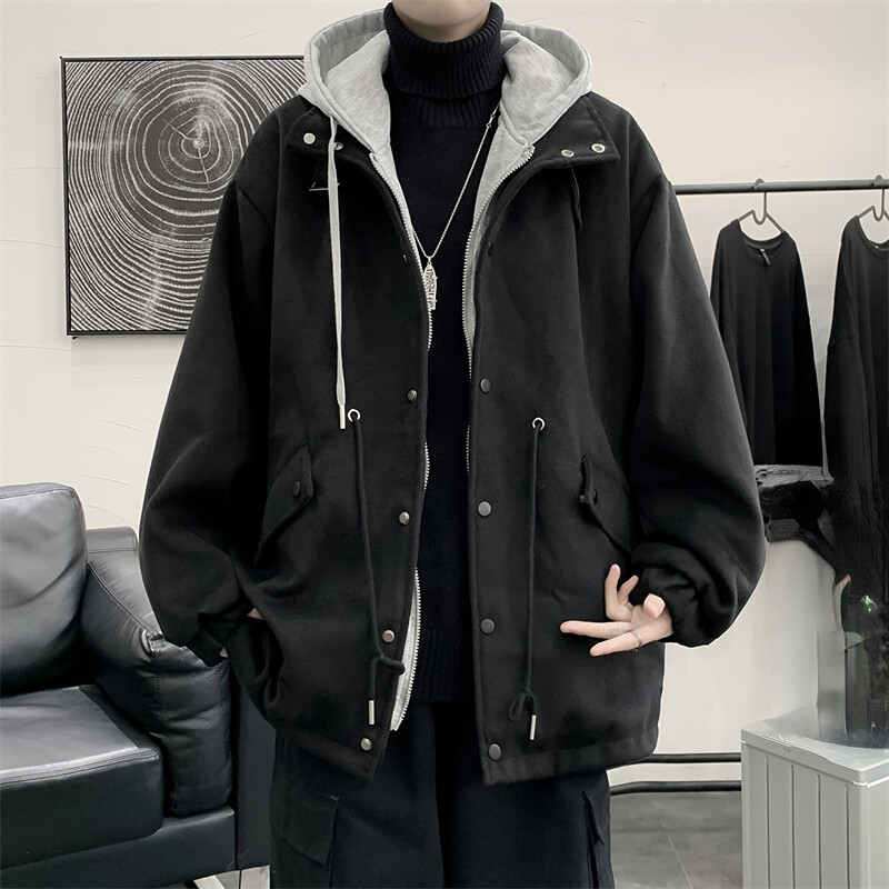 Mens Fake Two Piece Hooded Coat Jacket Outerwear Streetwear