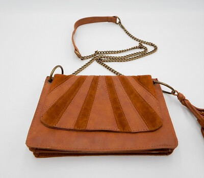 Kohl's Brown Faux Leather Suede Purse Clutch Boho Tassels Chain