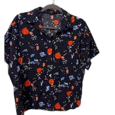 FRNCH Paris Navy, orange Half Button-up top Blouse M/L