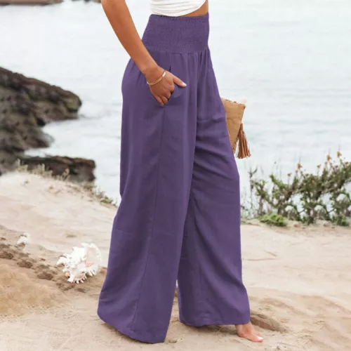 Women's High Waist Cotton Linen Trousers Ladies Casual Baggy Wide Leg Yoga - Picture 38 of 56