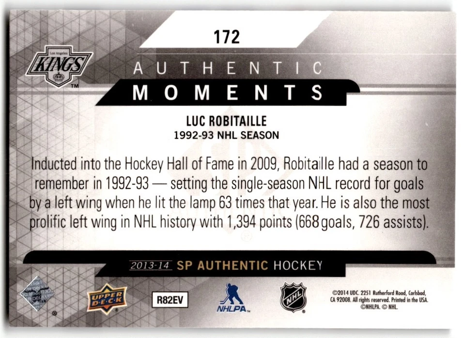 2013-14 SP Authentic Moments Luc Robitaille #172 Los Angeles Kings - Image 2 of 2