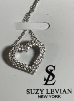 Suzy Levian Sterling Silver White CZ Pavé Heart Pendant Necklace NWT