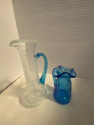 Lot of 2 Mini Blue Vintage Crackle Glass Pitchers