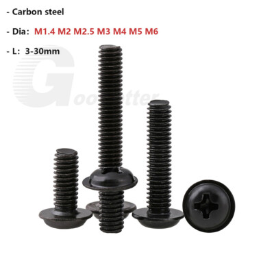 M1.4 M2 M2.5 M3 M4 M5 M6 Flange Phillips Pan Head Machine Screws Bolt Black Zinc