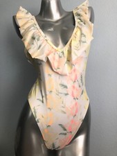 PINK Victoria's Secret New White Shine Floral Ruffle Deep V One Piece Swim Suit