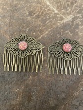  2 Apricot Druzy Glitter Cabochon Vintage Bronze Filigree small Hair Combs