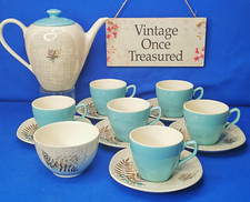 ROCK FERN * 14 Piece COFFEE SET for 6 incl POT * Turquoise 1950s J G Meakin VGC
