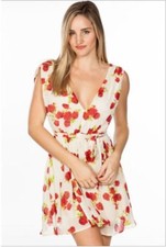 Womens Trac Floral Deep Plunge Pleated Mini Dress, NWT L