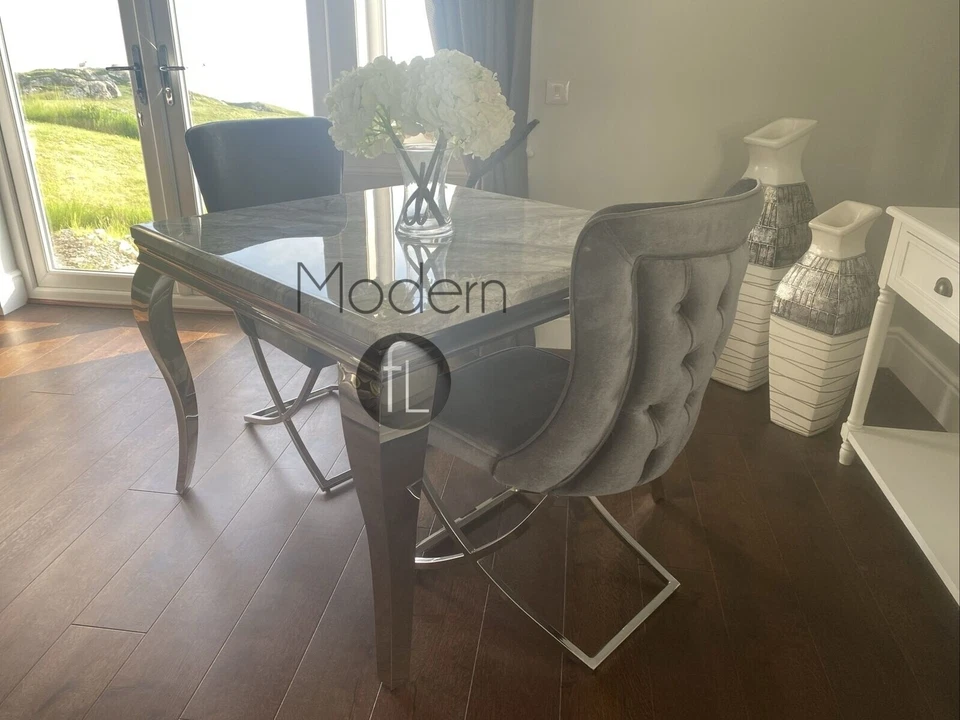 Louis dining table with grey marble top, 1.0 Metre square stunning dining table
