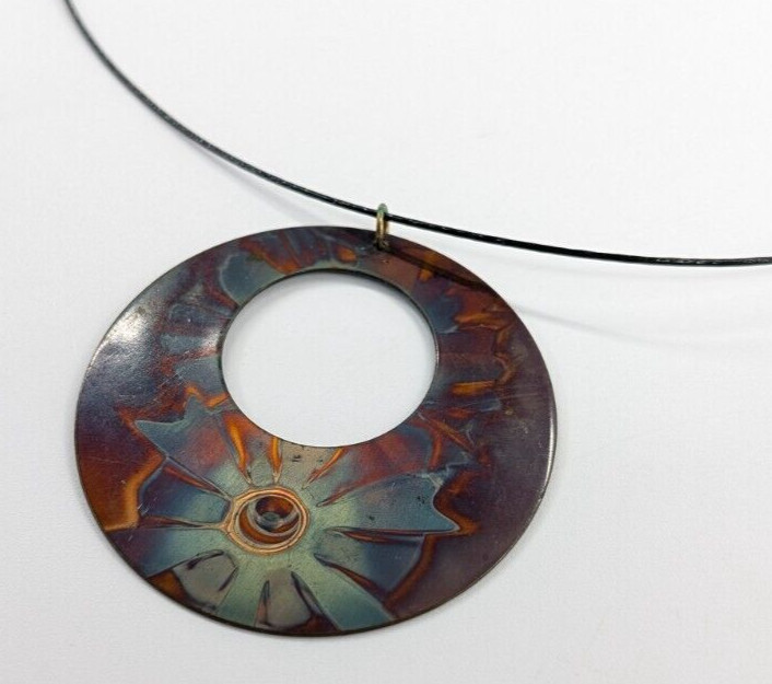Flame Painted Copper Open Circle Statement Pendan… - image 6