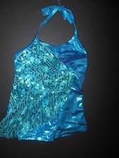 NWOT Foil Sequin Turquoise Halter Dance Costume Shorty unitard w/Overlay Sm Ch