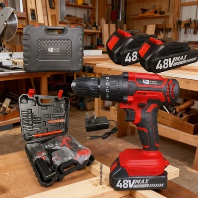 48V Cordless Hammer Drill Set with 2 Batteries, Impact Driver & Screwdriver