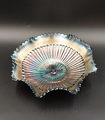 VTG Northwood Carnival Glass Bowl Stippled Rays Electric Amethyst Ruffled Edge