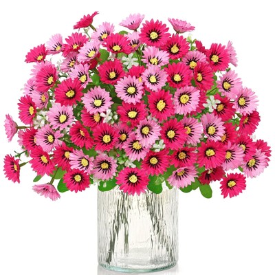 Artificial Mums Flowers for Indoor Outdoors, 3 Bundles Faux Silk Pink Daisy F...