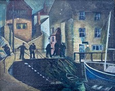 REMARKABLE VINTAGE 1940's MCM NAIVE PRIMITIVE SCHOOL OIL PANTING HARBOUR SCENE