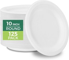 Paper Plates Disposable 10" Plate 125-Pack Biodegradable Sugarcane Fiber Dinner