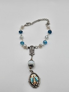 Our LADY of  San JUAN One Decade Auto Mirror ROSARY Handmade CRYSTAL Blue White