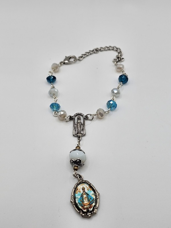 Our LADY of  San JUAN One Decade Auto Mirror ROSARY Handmade CRYSTAL Blue White