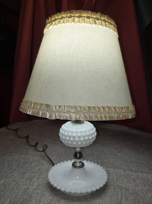 Vintage MCM Hobnail White Milk Glass Boudoir Table Lamp w Shade 10  WORKS Great