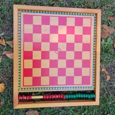 VTG MERDEL WOODEN GAME BD 16 X 18 with 24 PCS Carrom Checkers MCM USA SEE PICS