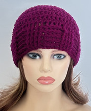 CLASSIC BEANIE HAT CAP TEXTURED EDGE FUCHSIA PURPLE HANDMADE CROCHET ACRYLIC