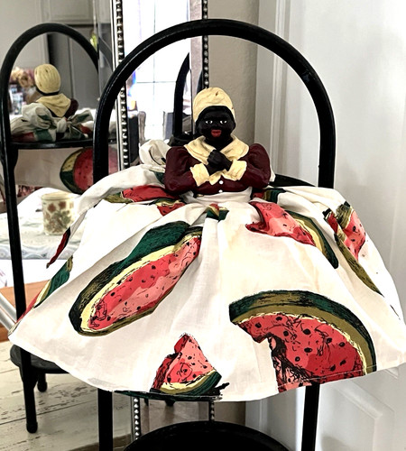 Vtg Black Folk Art Cloth Appliance Toaster Cover Shelf Sitter w/Watermelon Skirt