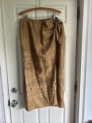 RALPH LAUREN GOLDEN BROWN LINEN SOUTHWESTERN AZTEC INDIAN TIE SIDE WRAP SKIRT 10