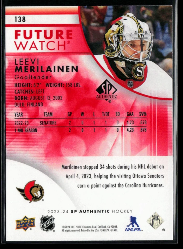 2023-24 SP Authentic Limited Red #138 Leevi Merilainen RC - Image 2 of 2