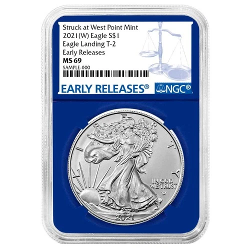 2021 (W) $1 Type 2 American Silver Eagle NGC MS69 ER Blue Label Blue Core