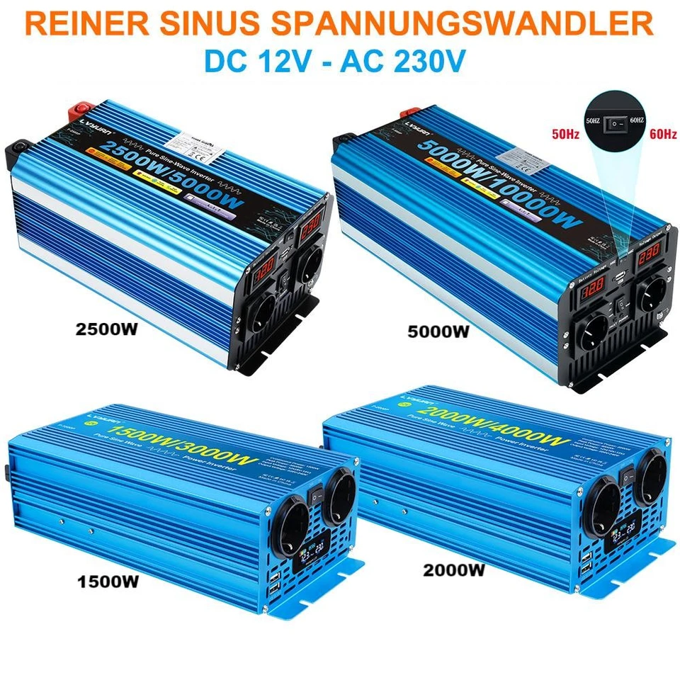 LVYUAN 1000W 2000W 3000W 5000W 12V - 230V Reiner Sinus Spannungswandler Wechselrichter