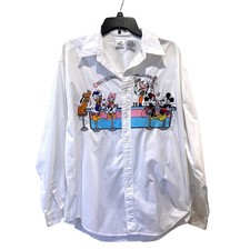 Vintage Disney Store White Mickey Minnie Embroidered Button Up Shirt Women Large