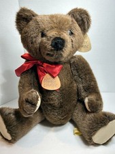 Vtg 1983 Elegante by Dakin Brown Jointed Teddy Bear Leather Tag Red Bow 21"