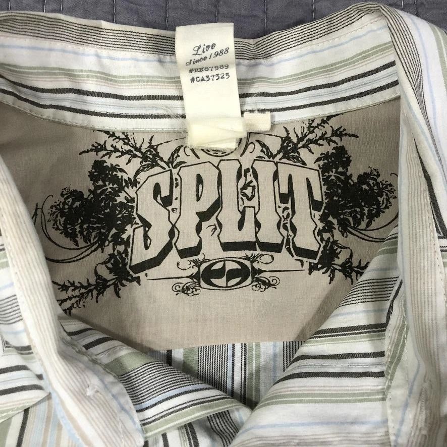 Y2K Split Shirt Mens XL Green White Striped Long Sleeve Button Up Embroidered - Image 3 of 4