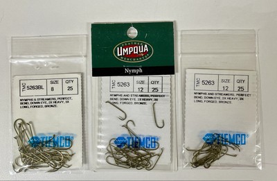 TIEMCO TMC 5263 FLY TYING HOOKS, SIZE #12, #8 BARBLESS. NYMPH, STREAMERS, UMPQUA