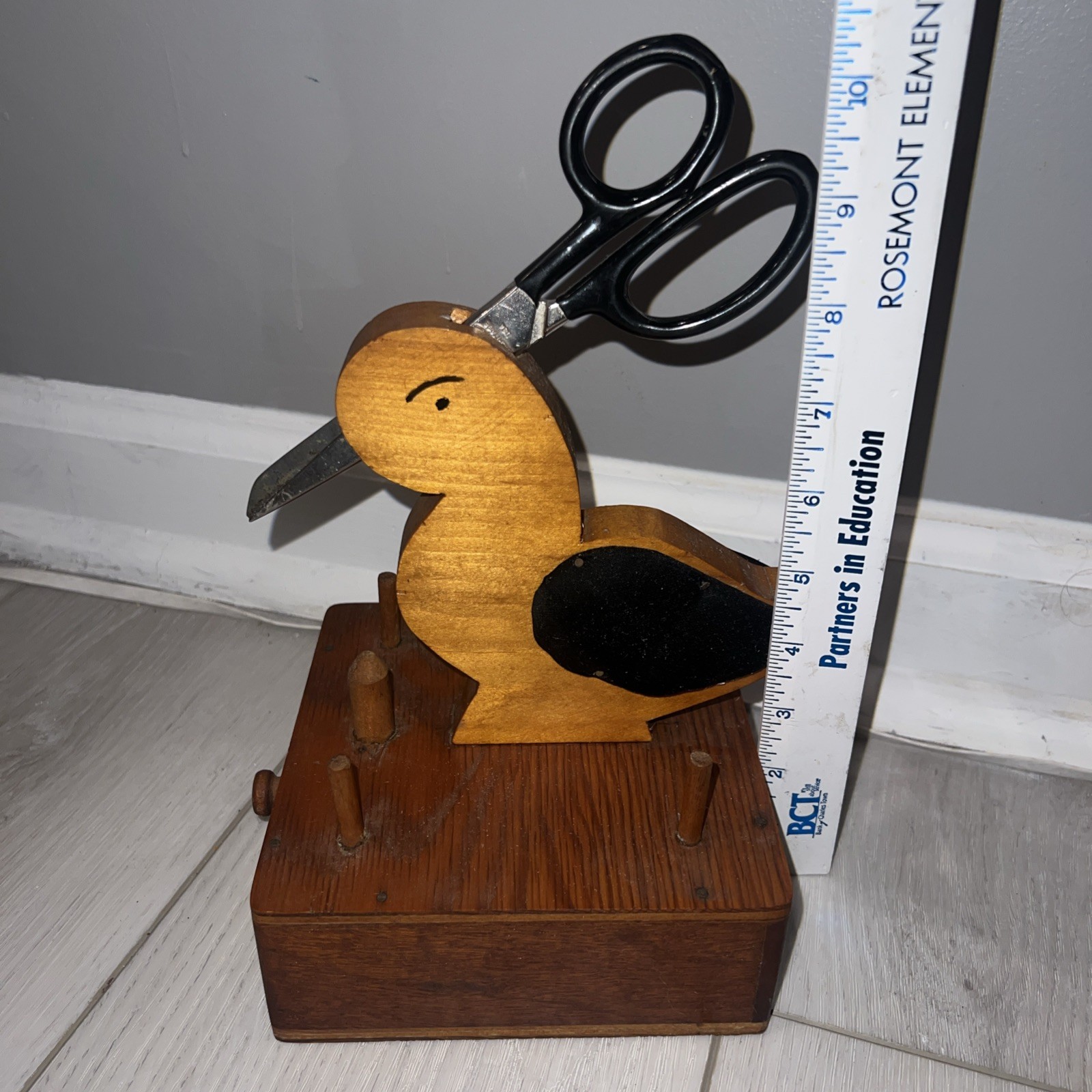 Vintage Wooden Bird Duck Sewing Caddy w/ Drawer, Scissors & Pin Cushion Beauty