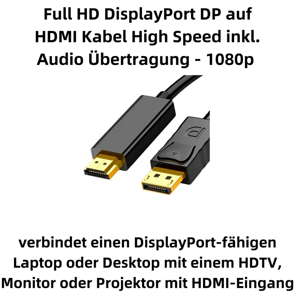 M39 DisplayPort auf HDMI Kabel DP Stecker auf HDMI Stecker Verbindungskabel 1,8m - Bild 2 von 4